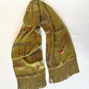 Zazou 100% Silk Olive Green Scarf with Red & Brown Asian Design with Fringe